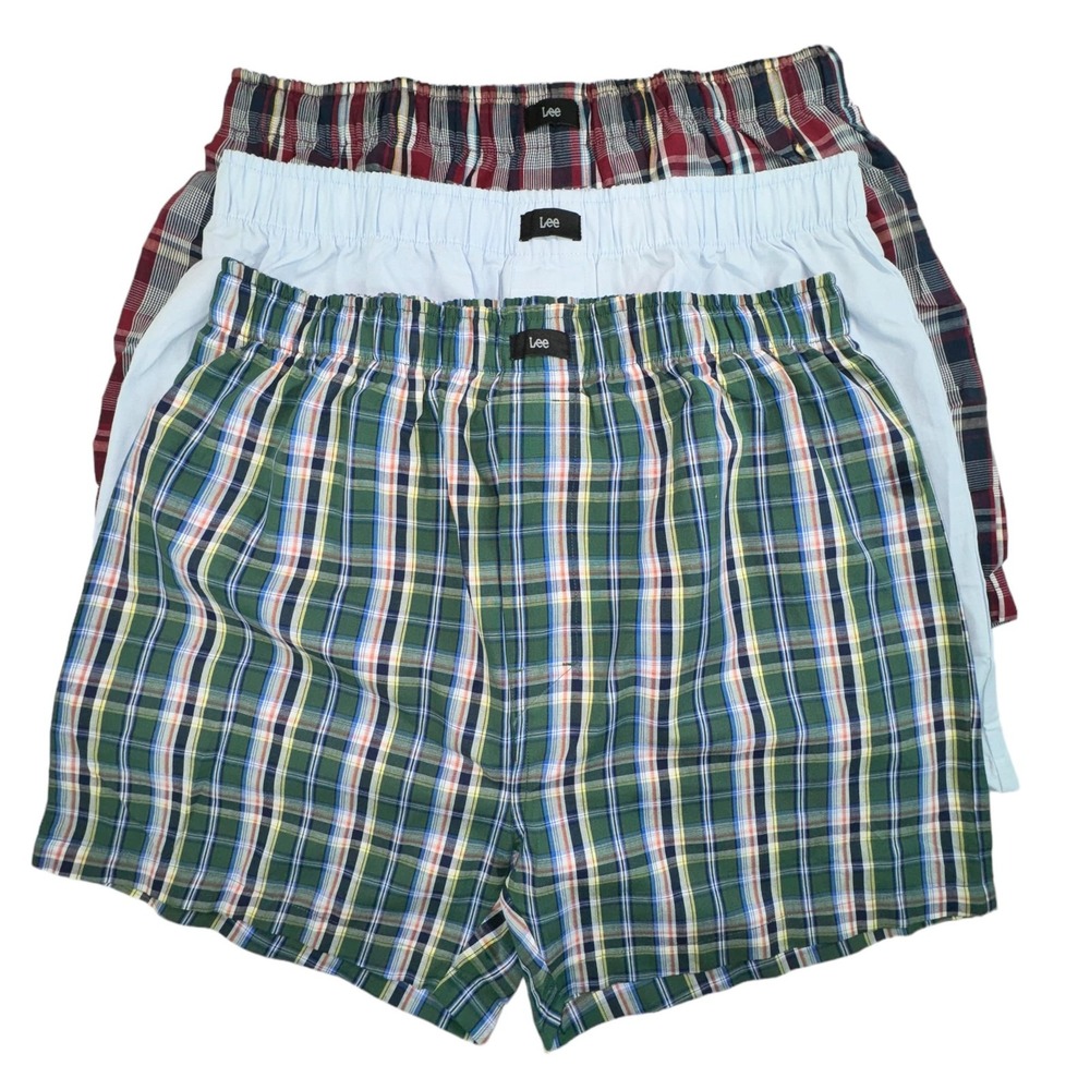 Lee Woven Boxers Men Small Blue New 3-Pack Cotton Plaid Classic Fit Underwear